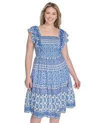 Eliza J Plus Printed Square-Neck Cap-Sleeve Dress