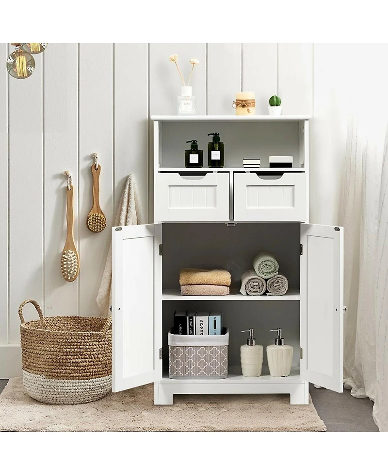 Gymax Bathroom Floor Cabinet Wooden Storage Organizer Side Cabinet W/2 Drawer 2 Doors
