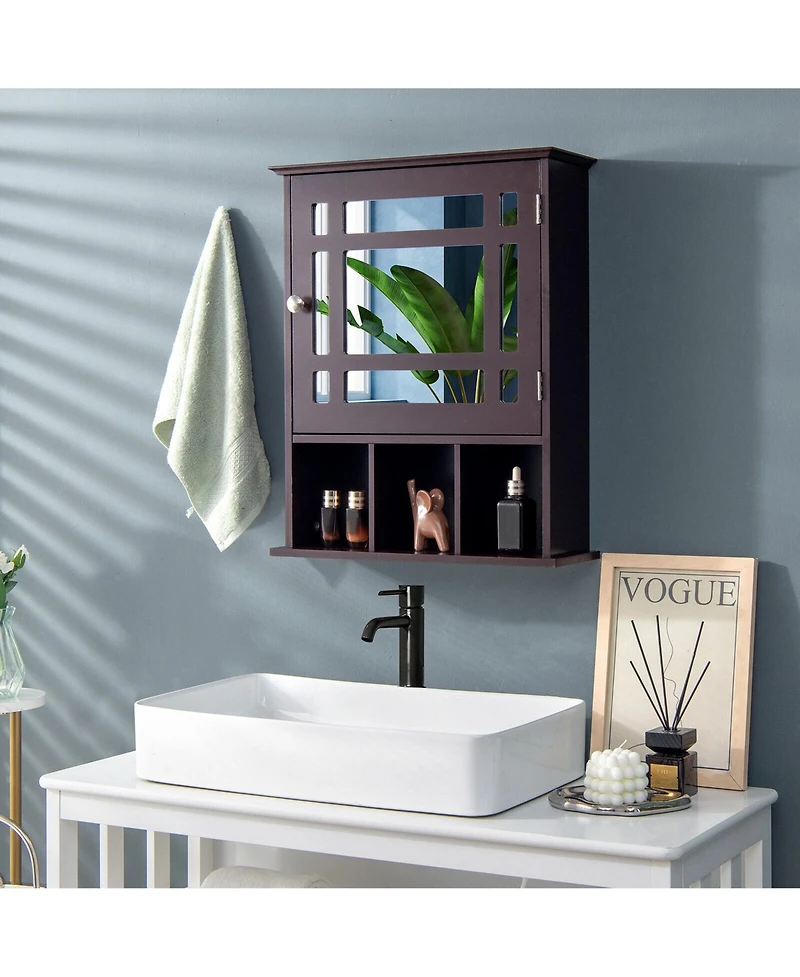 Gymax Mirrored Medicine Cabinet Bathroom Wall Mounted Storage W/Adjustable Shelf Brown