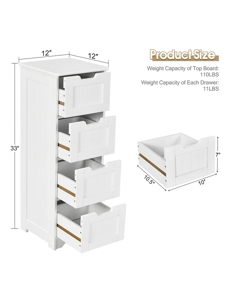 Gymax Bathroom Floor Cabinet Free-Standing Side Storage Organizer w/ 4 Drawers