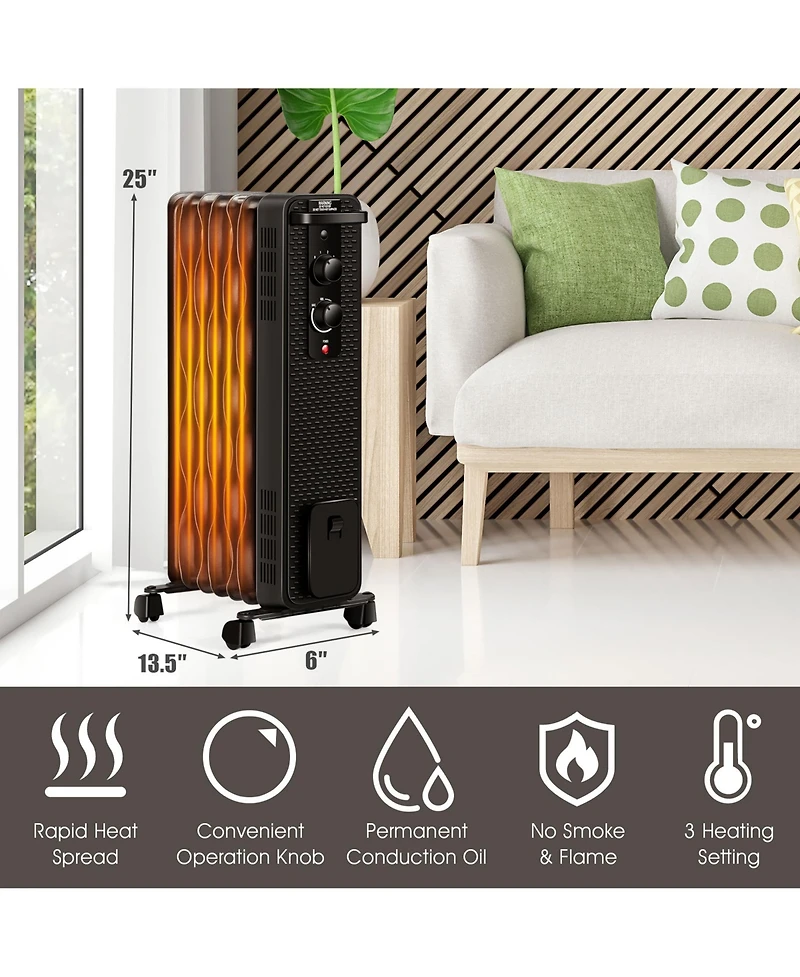 Gymax 1500W Oil Filled Radiator Space Heater w/ 3 Heating Modes White