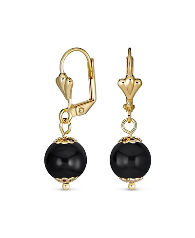 Bling Jewelry Classic Elegant Simple Round Natural Stone Dangle Lever Back Drop Ball Earrings Polished Yellow Gold Plated Brass 8MM
