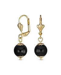 Bling Jewelry Classic Elegant Simple Round Natural Stone Dangle Lever Back Drop Ball Earrings Polished Yellow Gold Plated Brass 8MM
