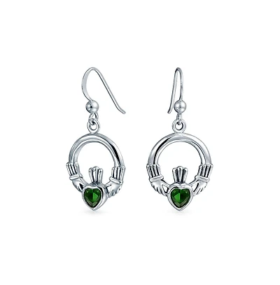 Bling Jewelry Friendship Bff Green Emerald Red Garnet Cz Heart Claddagh Dangle Chandelier Earrings