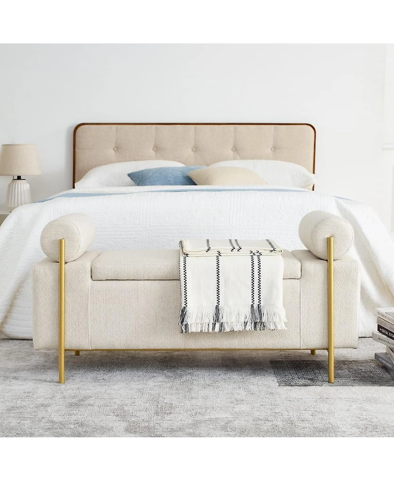 Upholstered Storage Bench with Cylindrical Armrests and Metal Legs Modern Rectangular Ottoman Seat for Bedroom Living Room or Entryway-The Pop Home