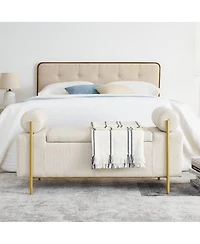 Upholstered Storage Bench with Cylindrical Armrests and Metal Legs Modern Rectangular Ottoman Seat for Bedroom Living Room or Entryway-The Pop Home