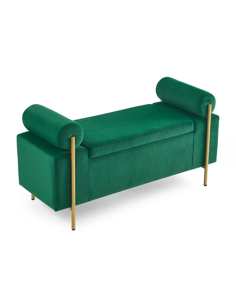 Upholstered Storage Bench with Cylindrical Armrests and Metal Legs Ottoman for Bedroom & Living Room or Entryway-The Pop Home