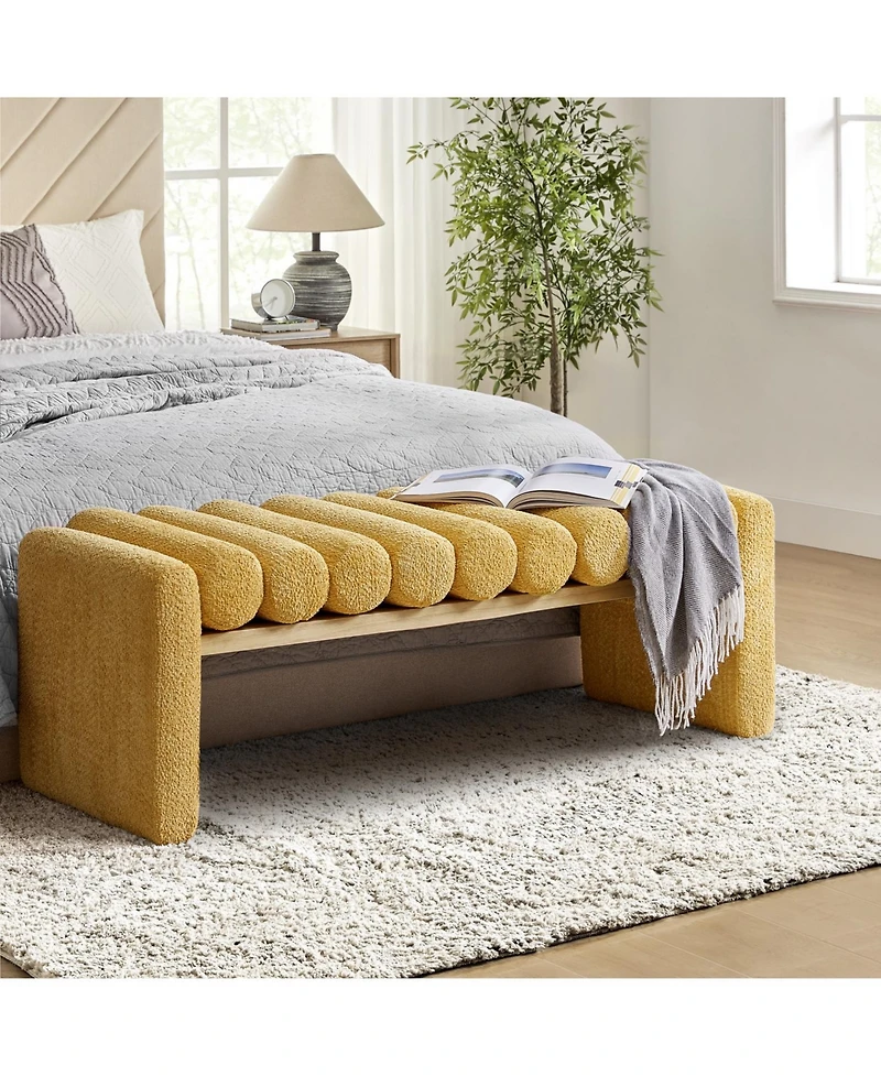 Modern Bench with Solid Wood and Removable Round Bolster Cushions