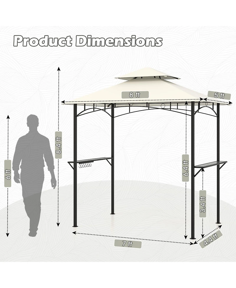 Outdoor Double-Tiered Grill Gazebo Canopy with 2 Shelves and 7 Hooks