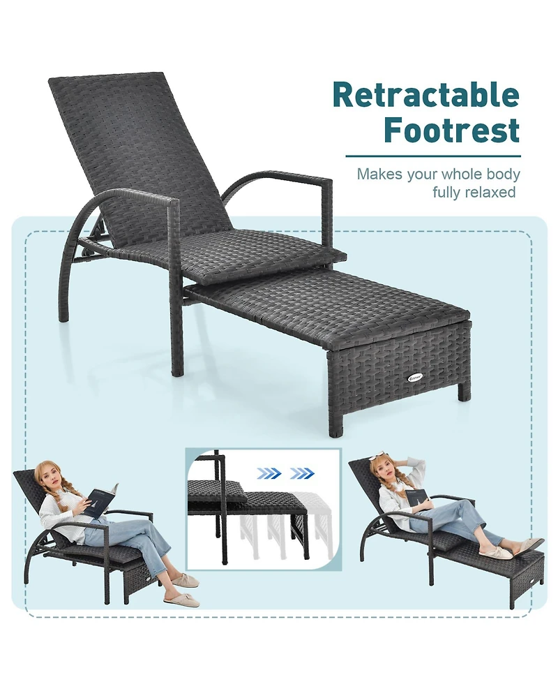 Patio Chaise Lounge Outdoor Rattan Lounge Chair with Retractable Ottoman