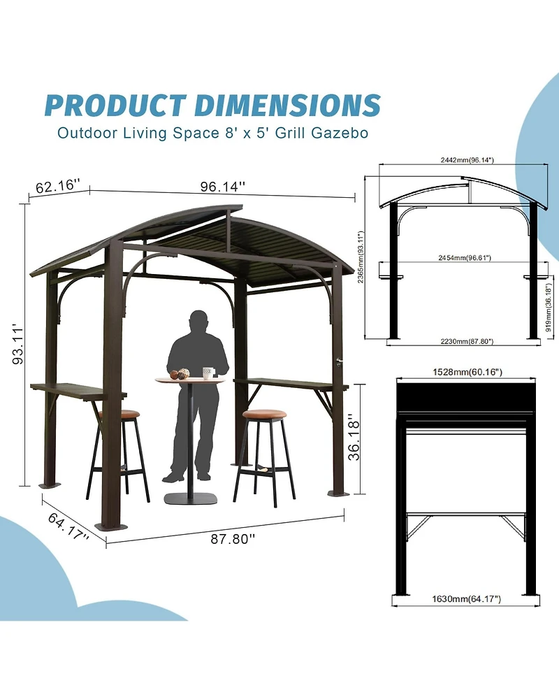 8x5FT Arc Roof, Grill Canopy for Outdoor w/Double Galvanized Steel Roof and 2 Side Shelves, Bbq Gazebo Tent, Grey