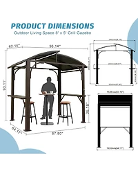 8x5FT Arc Roof, Grill Canopy for Outdoor w/Double Galvanized Steel Roof and 2 Side Shelves, Bbq Gazebo Tent, Grey