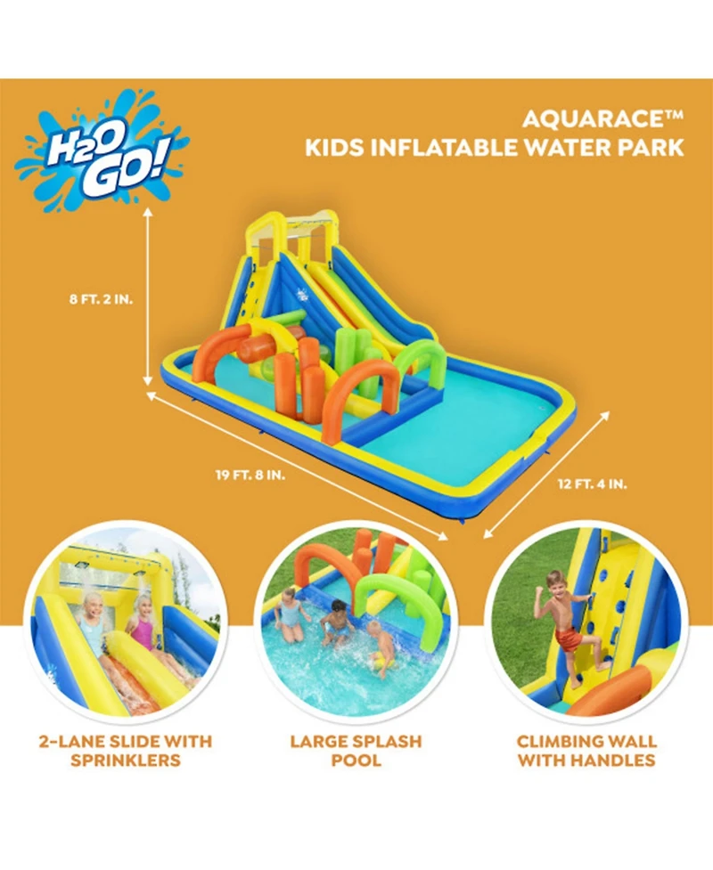 Bestway H2OGO! AquaRace Kids Inflatable Outdoor Water Park with Dual Slides, Built-In Sprayer, Splash Pool, Storage Bag, & Air Blower for Quick Setup
