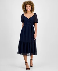 julia jordan Women's Puff-Sleeve Belted Midi Dress