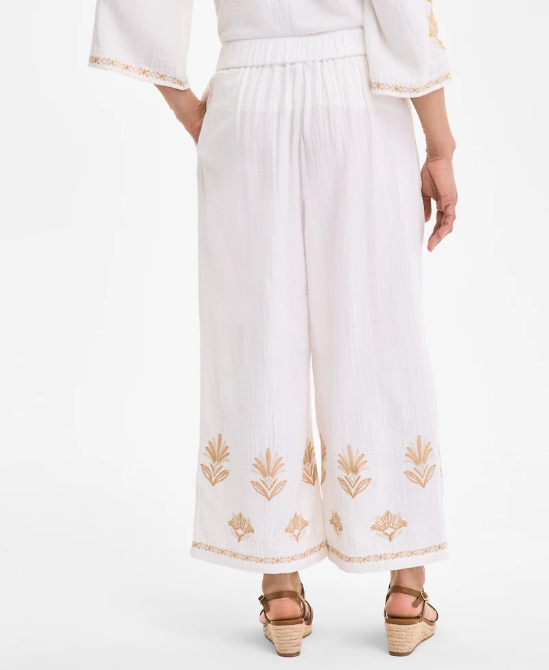 Style & Co Women's Embroidered Cotton Gauze Cropped Pants, Exclusively at Macy's