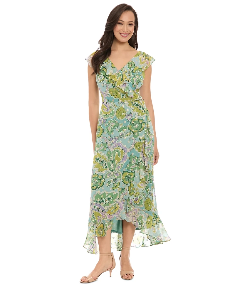 London Times Petite Faux-Wrap Ruffle-Trim Midi Dress