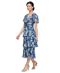 Sl Fashions Womens Floral Surplice Neck Tiered Dress