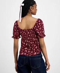 Planet Heart Juniors' Sweetheart-Neck Puff-Sleeve Top