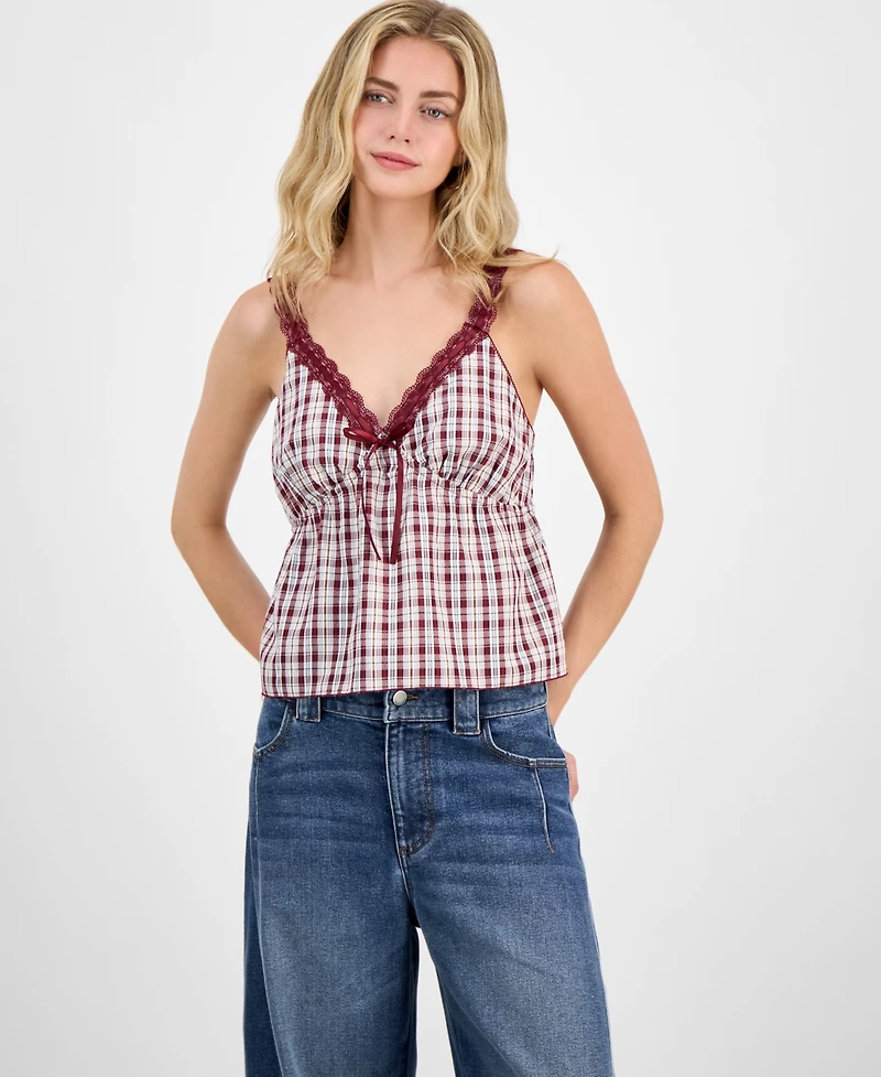 Madden Girl Juniors' Plaid Ribbon Babydoll Tank