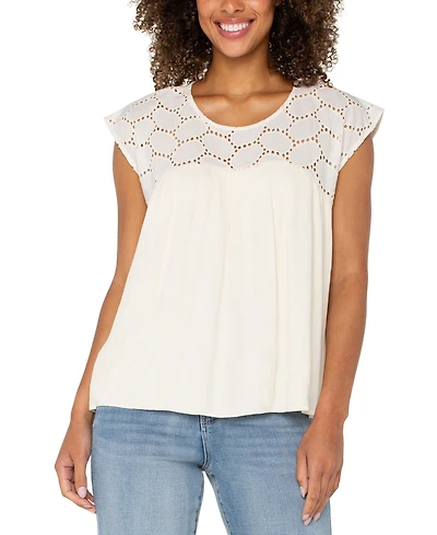 Liverpool Los Angeles Women's Cotton Eyelet-Yoke Gauze Top