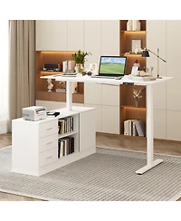 63 in. Width L-Shape Black Wooden 3-Drawer Computer Desk with Adjustable Height, Open Shelves & A Door Storage Cabinet