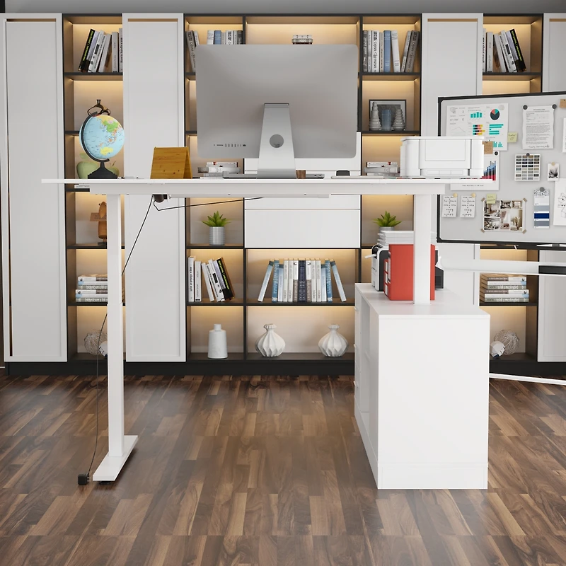 63 in. Width L-Shape Black Wooden 3-Drawer Computer Desk with Adjustable Height, Open Shelves & A Door Storage Cabinet