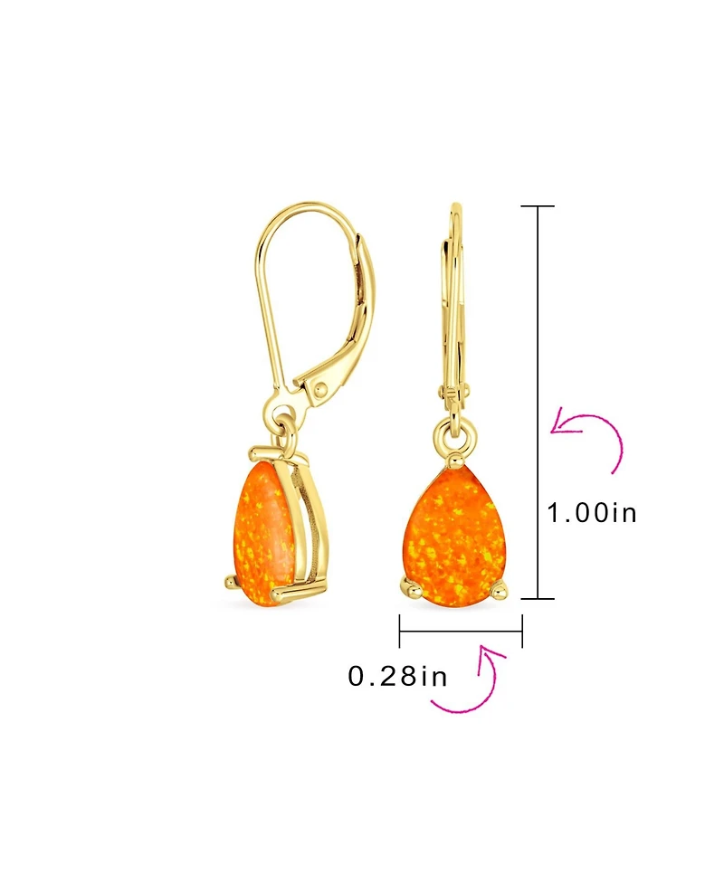 Bling Jewelry Simple White Orange Opal Created Opal Solitaire 7MM Pear Shaped Teardrop Dangle Lever Back Earrings Yellow Gold Plated .925 Sterling Sil
