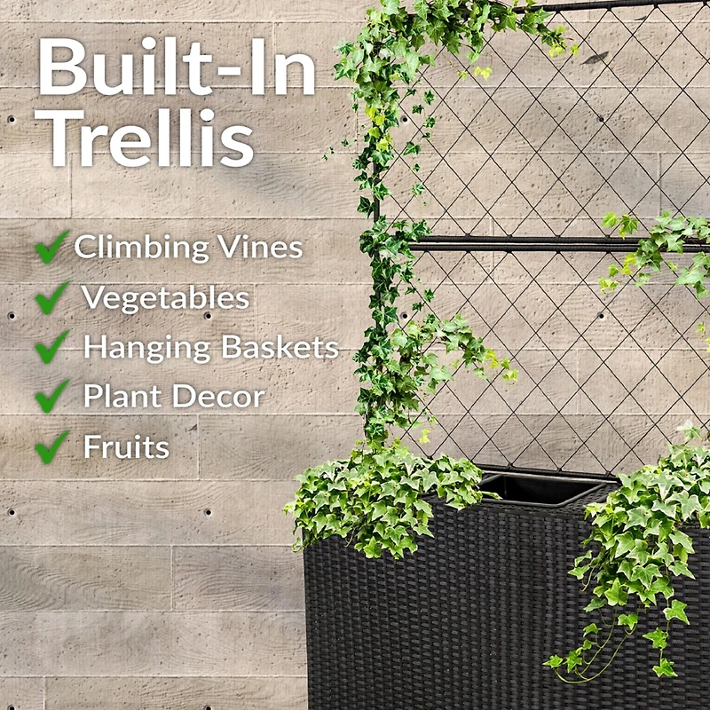 3-Section Wicker Planter Box with Trellis for Indoor or Outdoor Use - Black