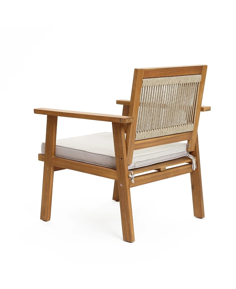 LuxenHome Outdoor Acacia Wood Rope Back Armchairs with Cushions, Set of 2