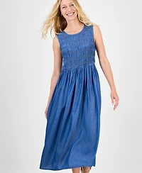 Style & Co Petite Smocked Sleeveless Round-Neck Midi Dress, Exclusively at Macy's