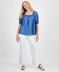 Style & Co Women's Chambray Square-Neck Smocked Top, Exclusively at Macy's