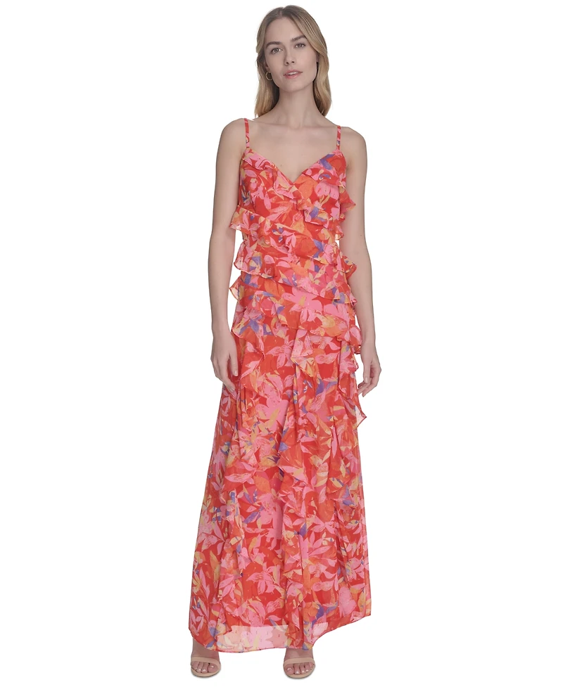 Eliza J Women's Metallic-Clip Chiffon Asymmetric-Ruffle Dress