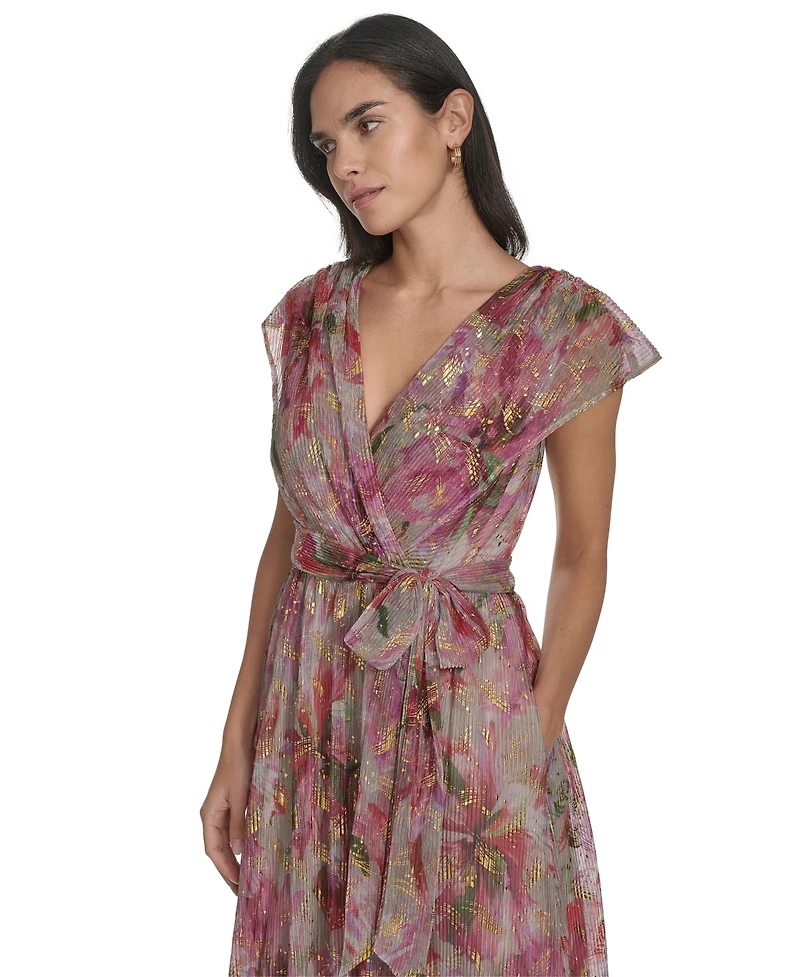 Jessica Howard Petite Extended-Shoulder Tie-Waist Metallic Gown