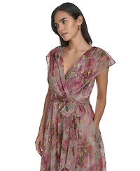 Jessica Howard Petite Extended-Shoulder Tie-Waist Metallic Gown
