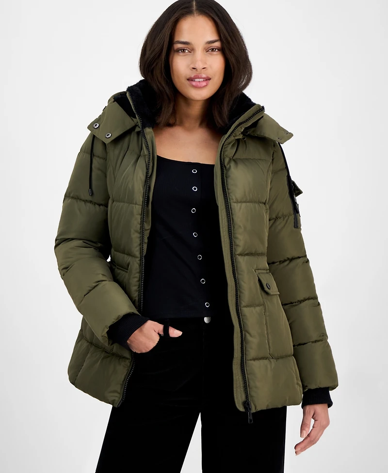 Steve Madden Women's Faux-Fur-Trim Hooded Utility-Pocket Puffer Coat
