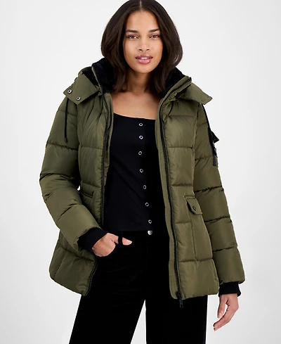 Steve Madden Women's Faux-Fur-Trim Hooded Utility-Pocket Puffer Coat