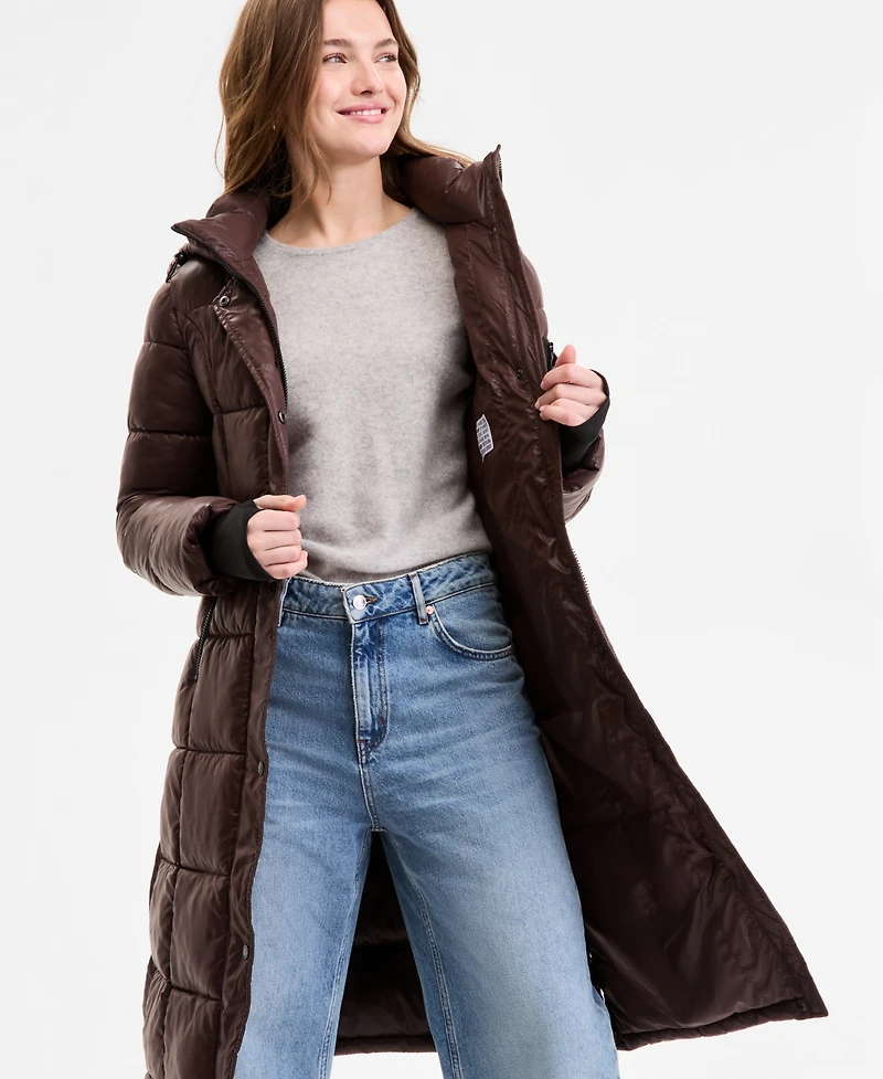 Steve Madden Women's Shiny Hooded Maxi Puffer Coat