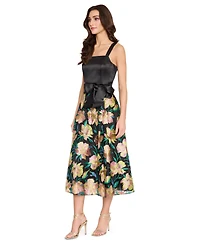 Tahari Asl Women's Satin Tie-Waist Floral-Embroidered Dress