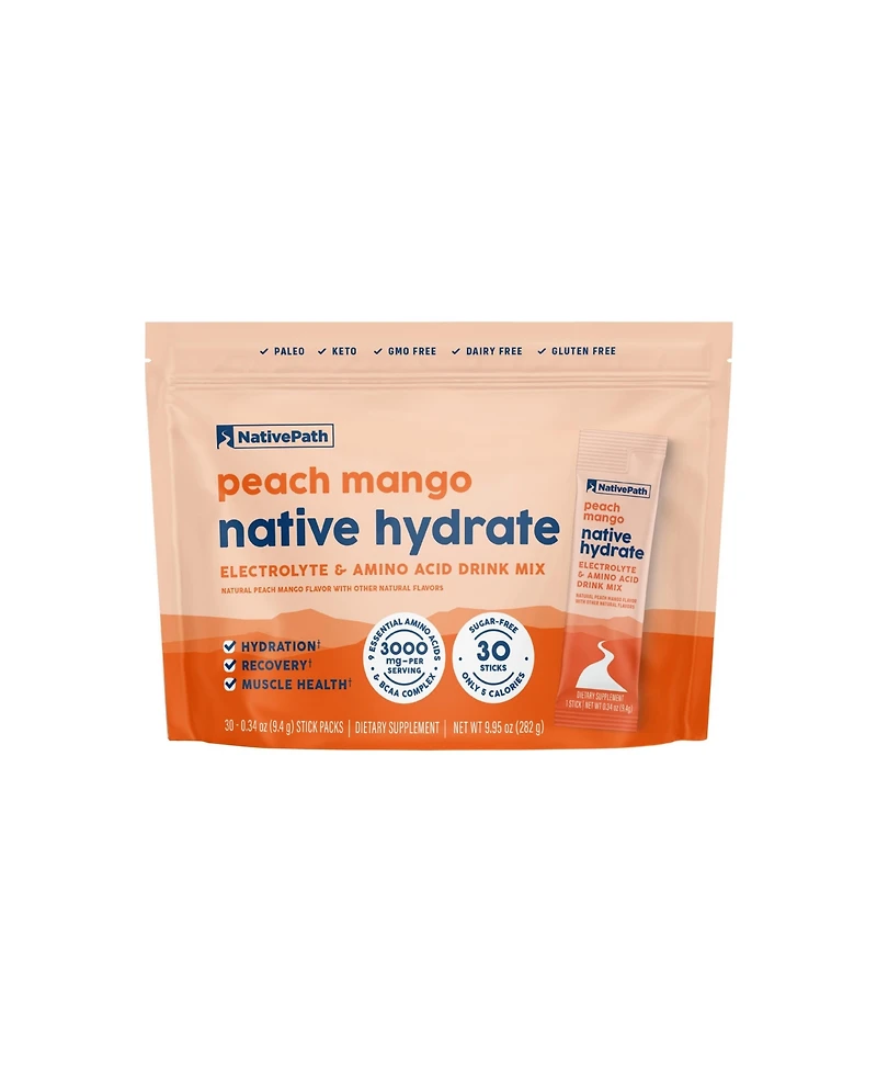 NativePath Native Hydrate Stick Packs, Sugar Free Electrolytes Powder with BCAAs, Peach Mango Hydration, Keto & Paleo Friendly, 30 Servings