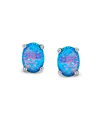 Bling Jewelry Simple Classic White Fire Orange Black Blue Opulence Created Opal Oval Stud Earrings Yellow Gold Plated .925 Sterling Silver 7MM