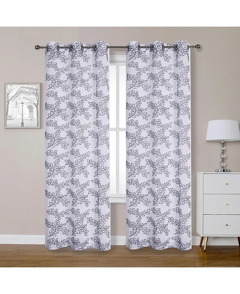 Kate Aurora 2 Piece Embroidered Ethan Floral Leaf Matte Sheer Grommet Top Curtain Panels - 84 in. Long Gray