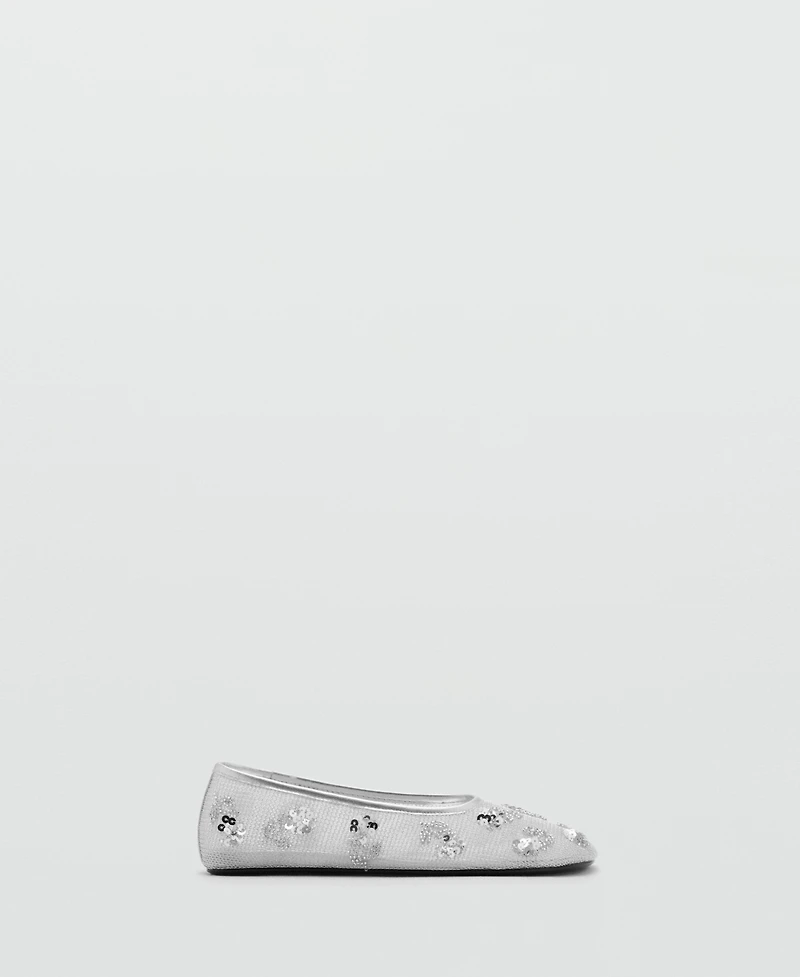 Mango Women's Sequin Embroidered Mesh Ballerinas Shoes