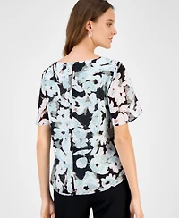 Kasper Women's Printed Swiss Dot Flutter-Sleeve Blouse