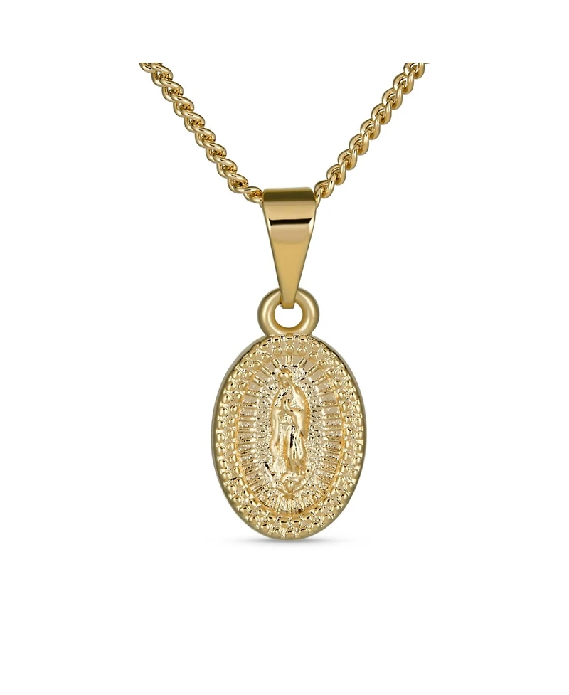 Bling Jewelry Christian Religious Medal Medallion Jewelry set Oval Our Lady Of Guadalupe Virgin Mary Necklace Dangle Earrings Yellow Gold Plated Brass