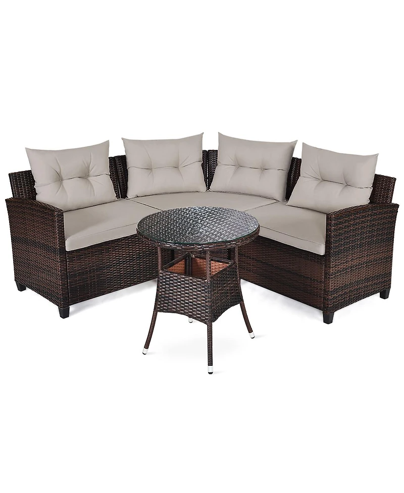 4PCS Outdoor Patio Rattan Furniture Set Cushioned Sofa Table