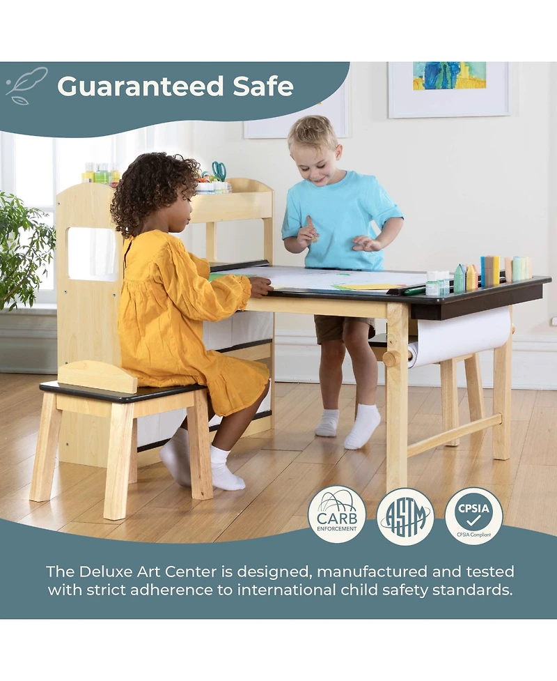 Guidecraft Deluxe Art Center - Natural: Kids Wooden Craft Desk with Shelves, Bins & Paper Roll | Playroom Toddler Table & Chair Set
