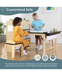 Guidecraft Deluxe Art Center - Natural: Kids Wooden Craft Desk with Shelves, Bins & Paper Roll | Playroom Toddler Table & Chair Set