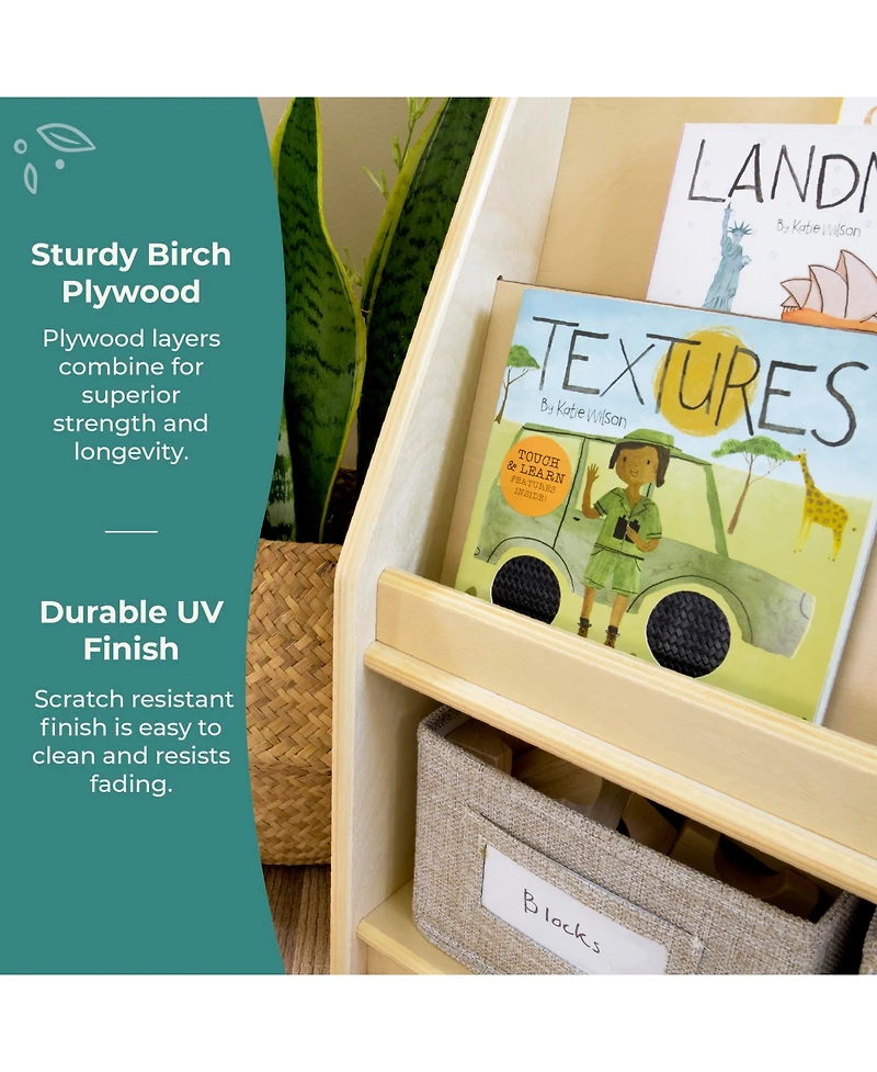 Guidecraft EdQ Book and Bin Display - White: Children's Wooden Bookcase with Shelves Storage Bins for Kids' Books Toys