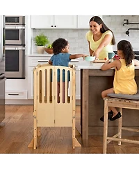 Guidecraft Contemporary Kitchen Helper Step Stool - Walnut: Kids' Adjustable, Foldable Wooden Learning Toddler Tower with Non-Slip Mat