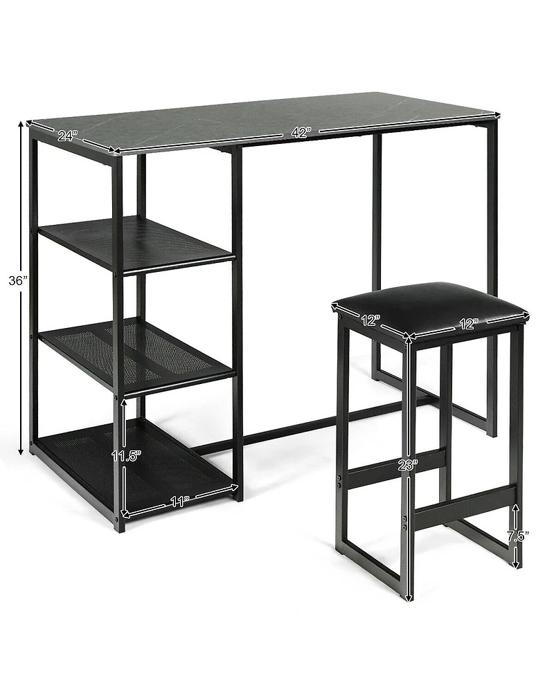 3 Pieces Dining Set with Rectangular Faux Marble and 3 Metal Storage Shelves